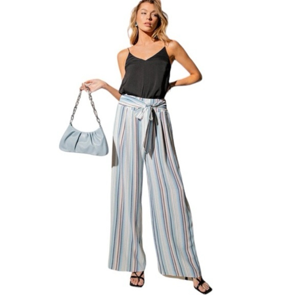NWOT Kori America Wide Leg Wrap Front Striped Blue Trouser Pants Size Large